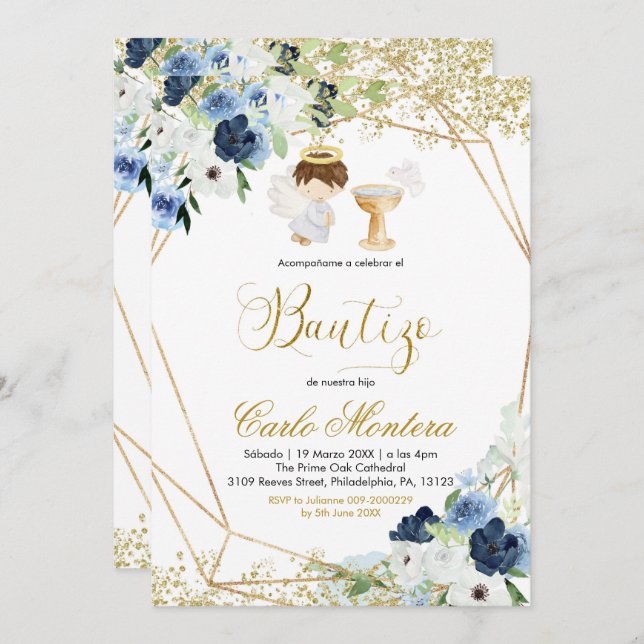 Convites Blue Floral Niñ o Bautizo Invitación (Frente/Verso)