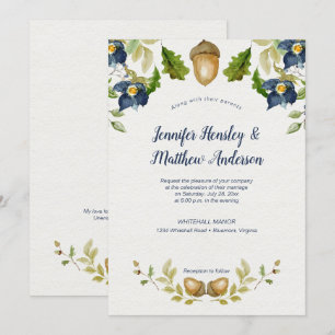 Convites Blue Floral Oak Leaves Acorns Wedns