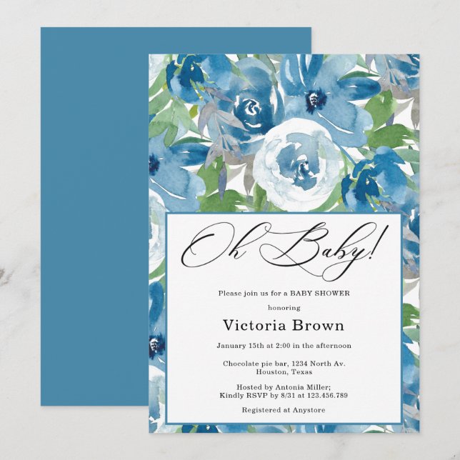 Convites Blue Floral Oh Baby Shower Invitation (Frente/Verso)