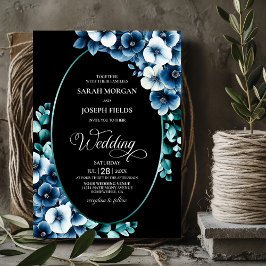 Convites Blue Floral Oval Wedding