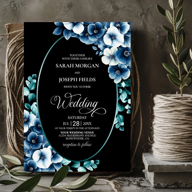Convites Blue Floral Oval Wedding (Criador carregado)