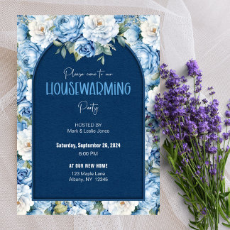 Convites Blue Floral Pattern Elegant Housearming Party