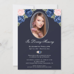 Convites Blue Floral Photo Memorial Service Funeral