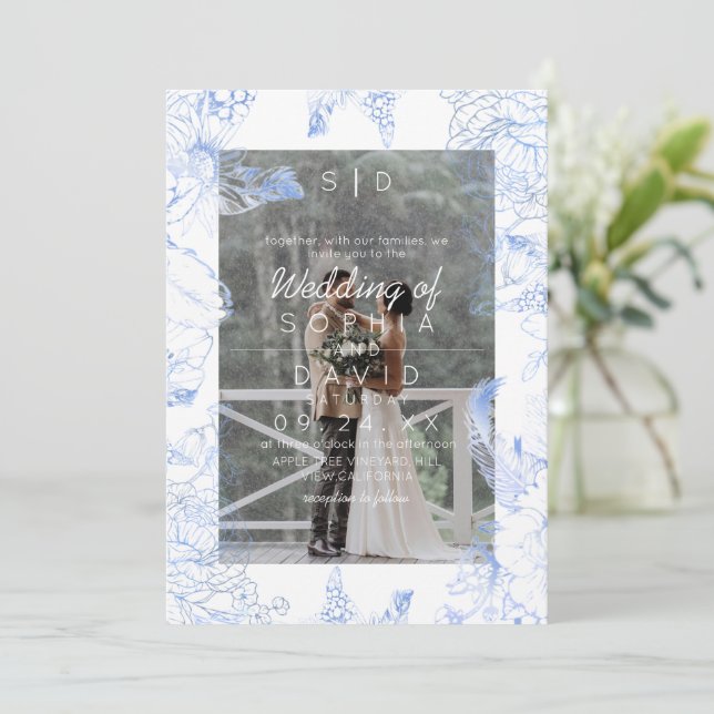 Convites Blue Floral Photo Modern Wedding  (Em pé/Frente)