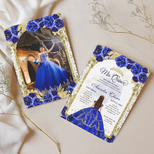 Convites Blue Floral Princess Dourado Arch Quinceanera Foto