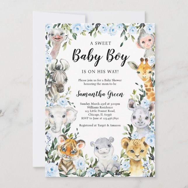 Convites Blue Floral Safari Jungle Baby Shower (Frente)