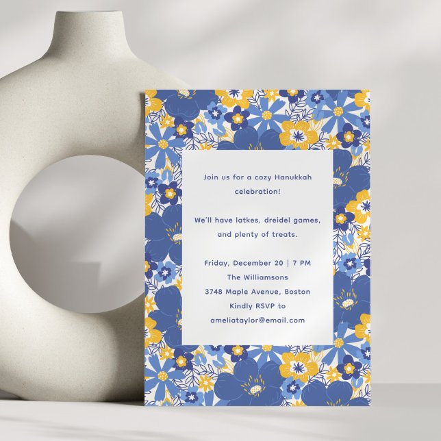 Convites Blue Floral Simple Festive Family Hanukkah Party (Criador carregado)