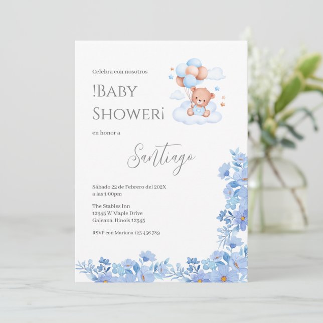 Convites Blue floral Spanish Baby Shower Boy invitation (Em pé/Frente)