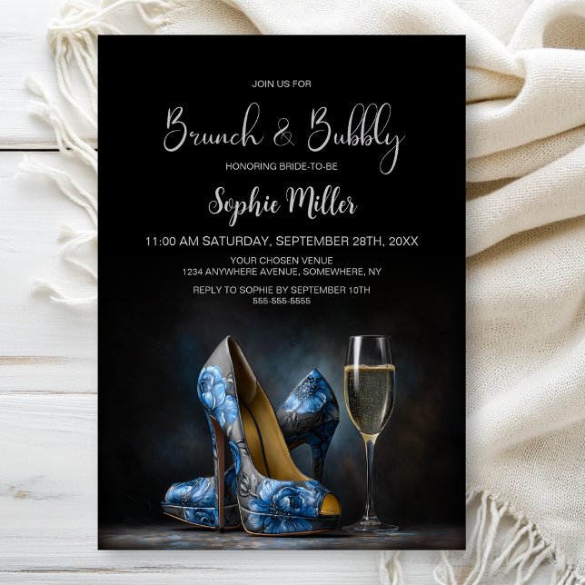 Convites Blue Floral Stiletto Shoes Brunch and Bubbly (Criador carregado)