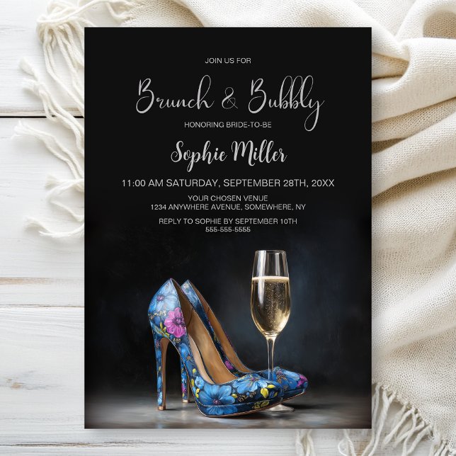 Convites Blue Floral Stiletto Shoes Brunch and Bubbly (Criador carregado)
