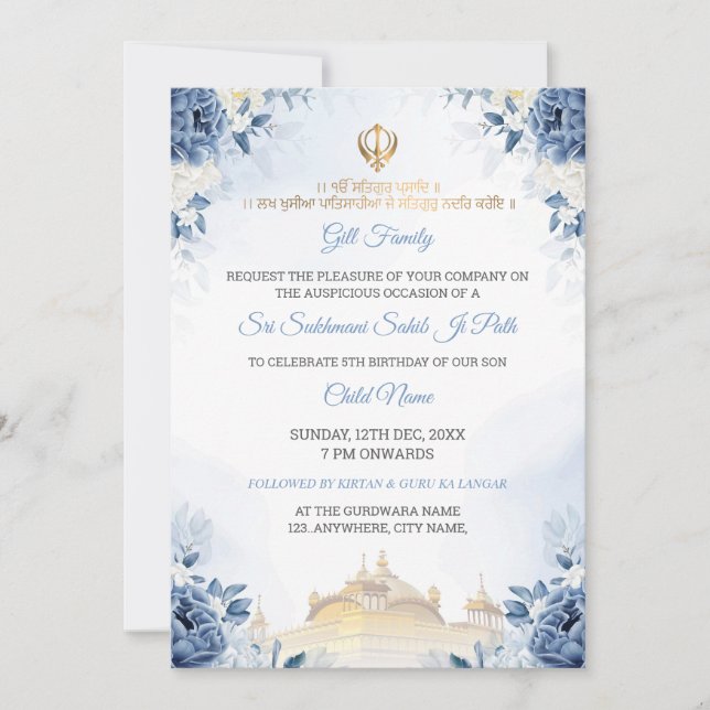Convites Blue Floral Sukhmani Sahib Path Birthday Invite (Frente)