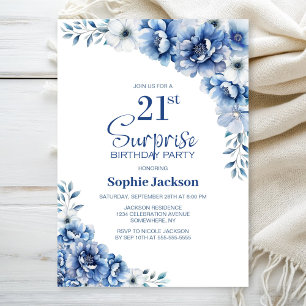 Convites Blue Floral Surprise aniversário de 21 anos