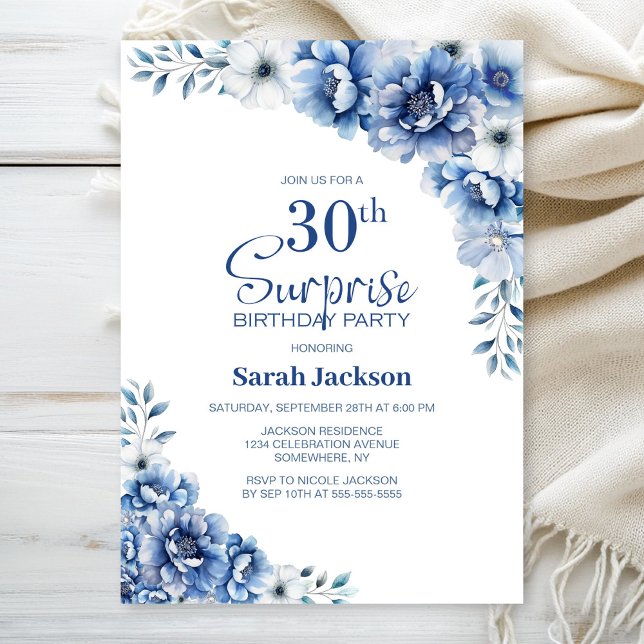 Convites Blue Floral Surprise aniversário de 30 anos (Criador carregado)