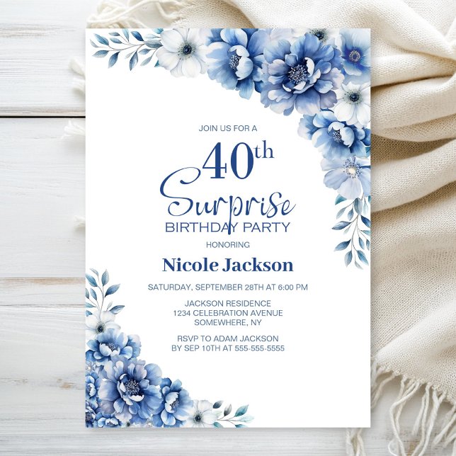 Convites Blue Floral Surprise aniversário de 40 anos (Criador carregado)