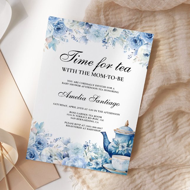 Convites Blue Floral Tea With Mom To Be Baby Shower Invitat (Criador carregado)
