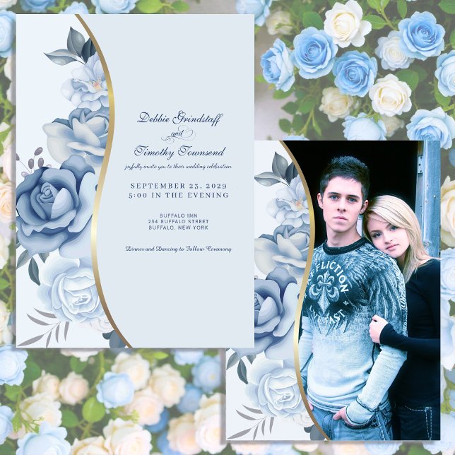 Convites Blue Floral w/Custom Photo Wedding Invitation  (Criador carregado)