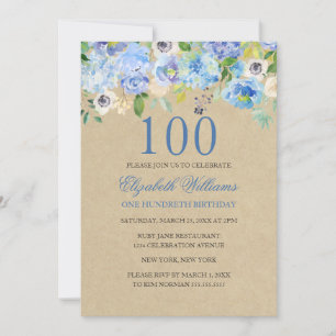 Convites Blue Floral Watercolor 100th Aniversário Invite