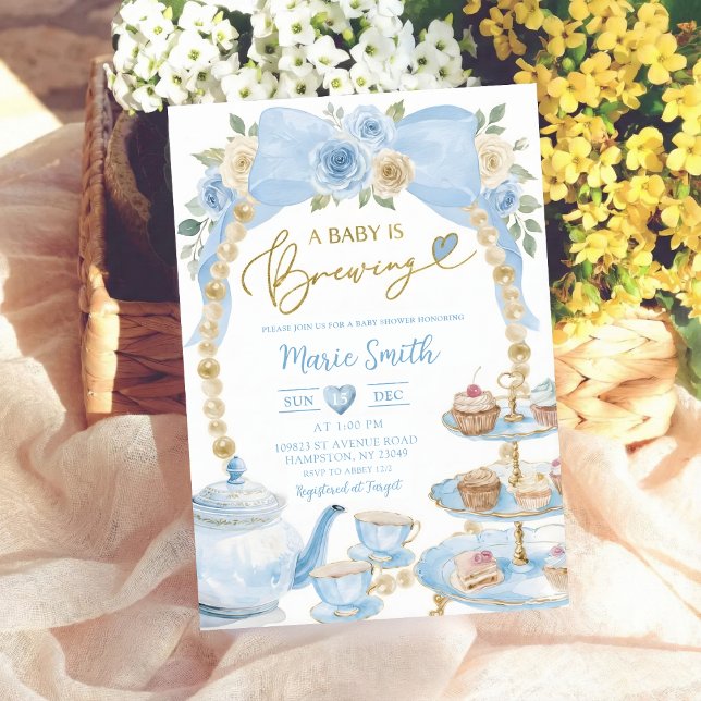 Convites blue floral watercolor baby shower tea coquette (Criador carregado)