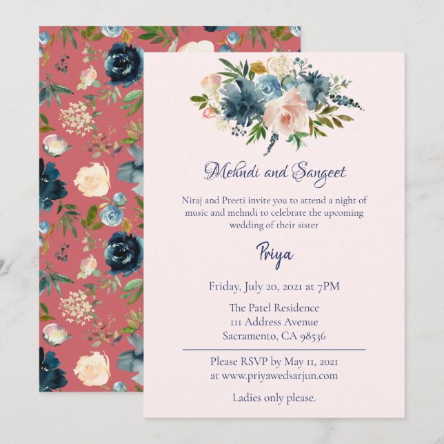 Convites Blue Floral Watercolor Mehndi Sangeet Garba Invite (Frente/Verso)