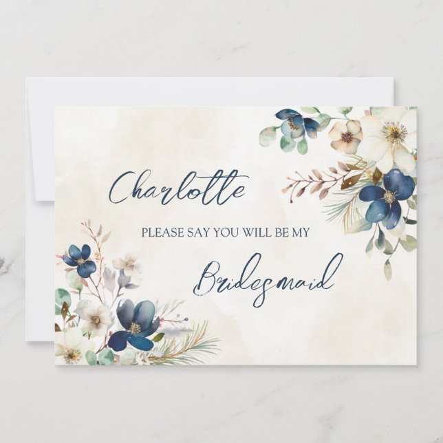 Convites Blue Floral Wedding Bridesmaid Proposal Card (Frente)