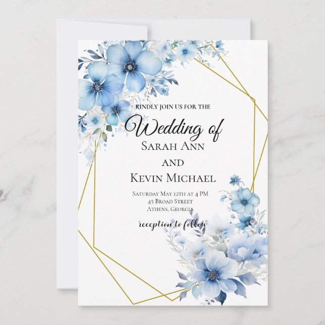 Convites Blue Floral Wedding Invitation (Frente)