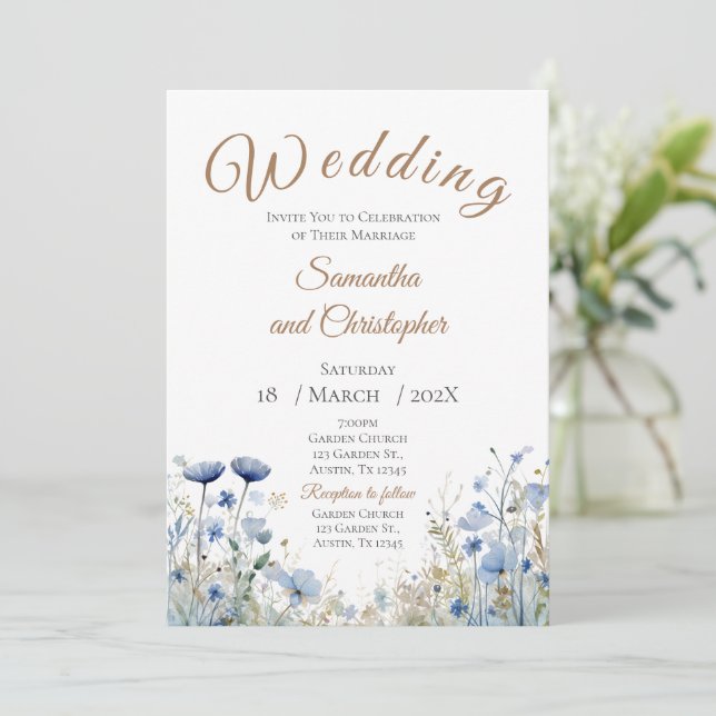 Convites Blue Floral Wedding Invitation (Em pé/Frente)
