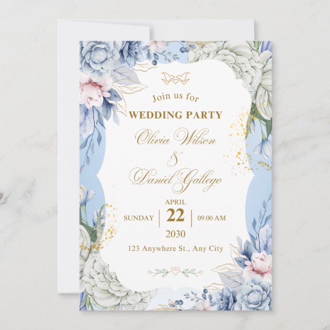 Convites Blue Floral Wedding Invitation Elegant Romantic  (Frente)