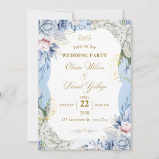 Convites Blue Floral Wedding Invitation Elegant Romantic 