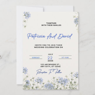 Convites Blue Floral Wedding Invitation Template | Elegant