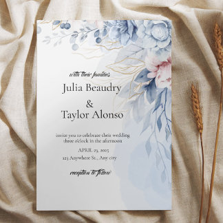 Convites Blue Floral Wedding Invitation with White Dove | E