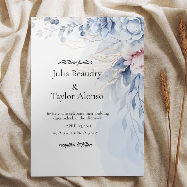 Convites Blue Floral Wedding Invitation with White Dove | E (Criador carregado)