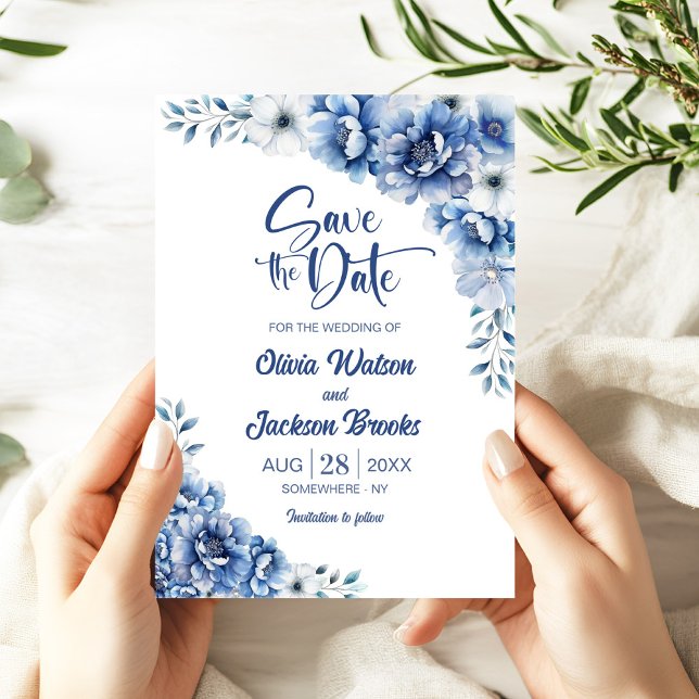 Convites Blue Floral Wedding the Date (Criador carregado)