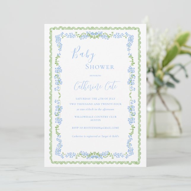 Convites Blue Floral Whimsical Baby Shower  (Em pé/Frente)