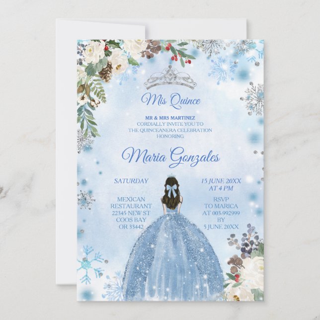 Convites Blue Floral & Winter Holiday Mis Quince Birday (Frente)