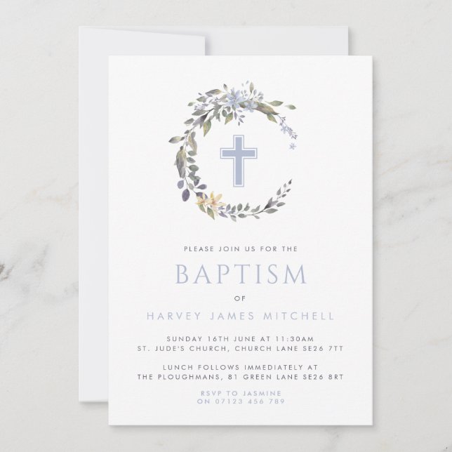 Convites Blue Floral Wreath & Cross Baby Baptism (Frente)