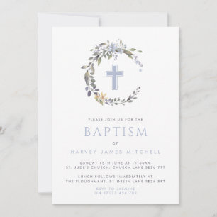 Convites Blue Floral Wreath & Cross Baby Baptism
