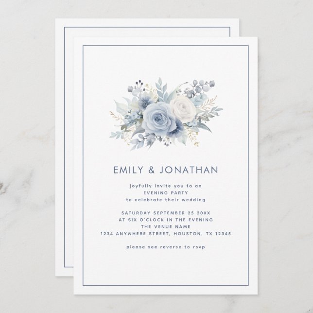 Convites Blue Florals Border QR Wedding Night Party (Frente/Verso)