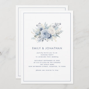 Convites Blue Florals Border QR Wedding Night Party