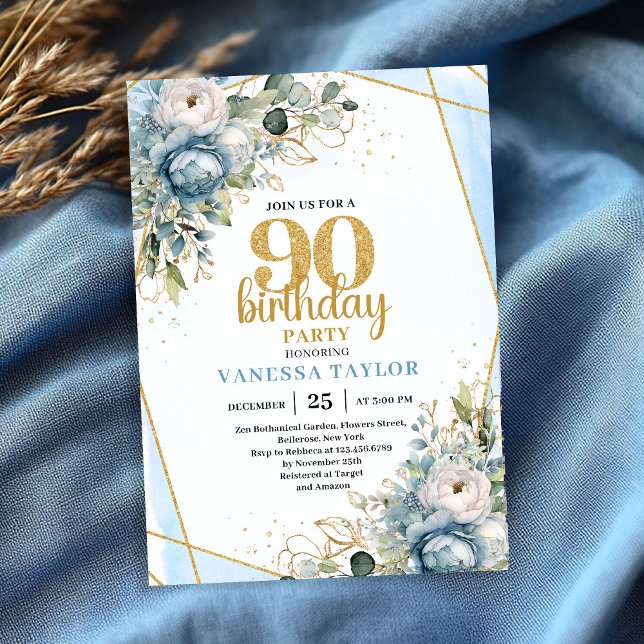 Convites Blue Florals Gold Border 90th Birthday Invitation (Blue Florals Gold Border 90th Birthday Invitation)