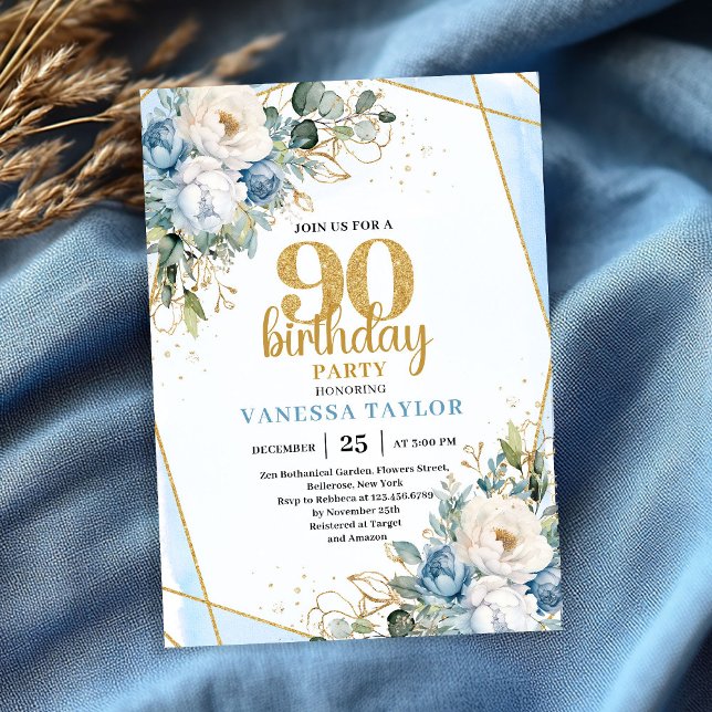 Convites Blue Flower Gold Accent 90th Birthday Party Invite (Blue Flower Gold Accent 90th Birthday Party Invite)
