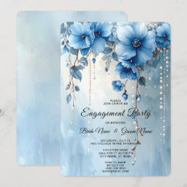 Convites Blue Flowers and Pearls Engagement Invitation
