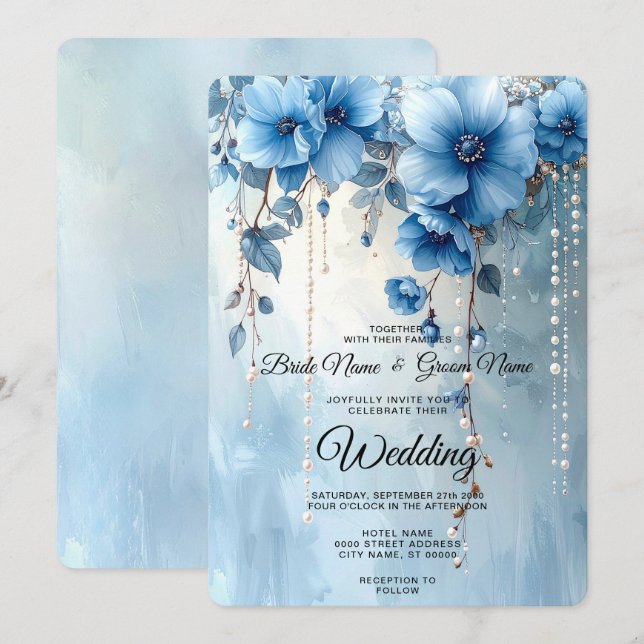 Convites Blue Flowers and Pearls Wedding Invitation (Frente/Verso)