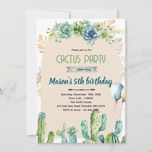 Convites Blue flowers cactus desert invitation (Frente)