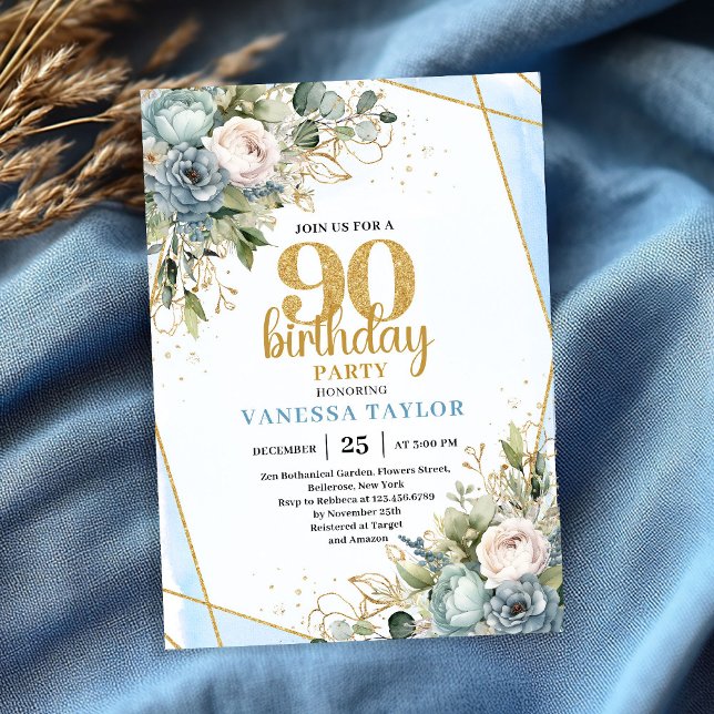 Convites Blue Flowers Gold Glitter 90th Birthday Invitation (Blue Flowers Gold Glitter 90th Birthday Invitation)