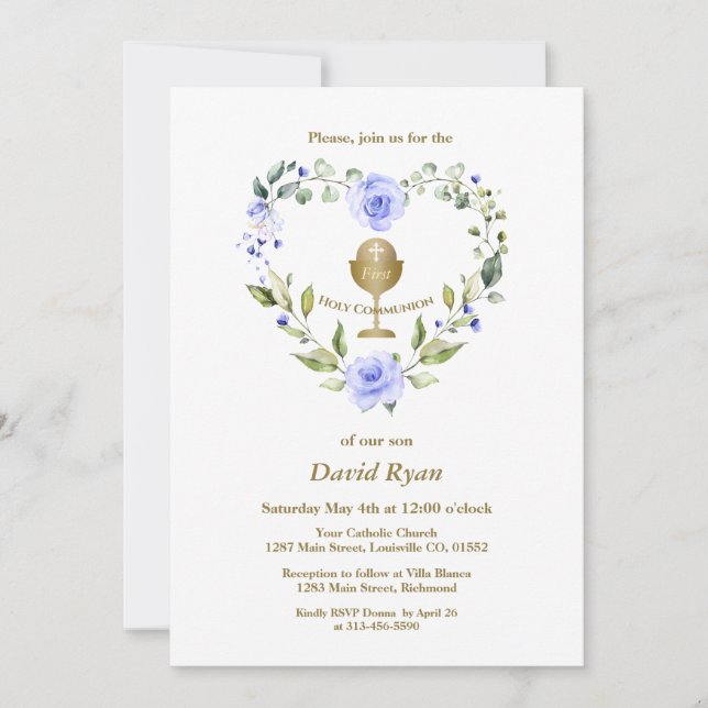 Convites Blue Flowers Wreath Boy First Santa Comunhão (Frente)