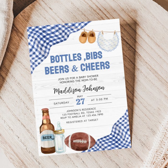Convites Blue Football Baby Shower (Bottles, Bibs, Beers & Cheers Baby Shower Invitation)
