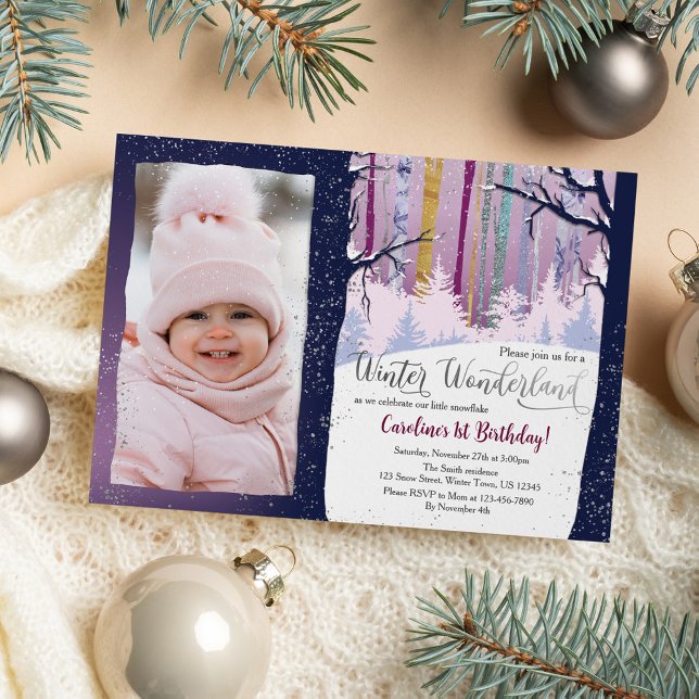 Convites Blue Forest Winter Wonderland Girls Foto de aniver (Criador carregado)