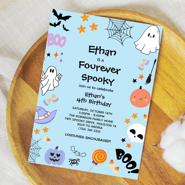 Convites Blue Four Ever Spooky Ghost Halloween 4º aniversár (Blue Four Ever Spooky Cute Ghost Boy Halloween 4th Birthday Invitation )