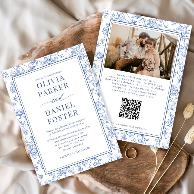 Convites Blue French Floral Photo QR Code Toile Invitation (Criador carregado)