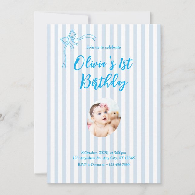 Convites Blue French Personalized 1st Birthday Invitation (Frente)